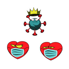 Set of virus in a crown and two hearts in medical masks Coronavirus 2019-nCoV. Corona virus icon influenza pandemic. virion of Corona-virus. 