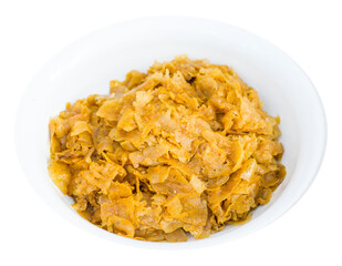 Hot and sour, grilled buff salad, Traditional northern Thai style food, grill buffalo skin spicy salad on white background