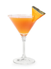 Glass of tasty pumpkin pie martini on white background