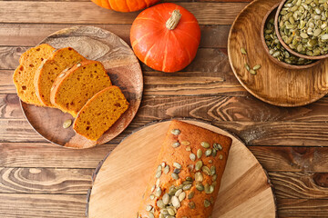 Tasty pumpkin pie on table