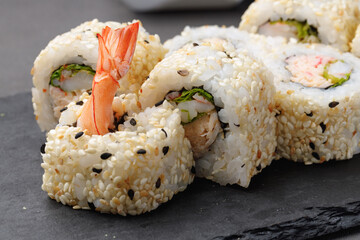Japanese sushi roll on plate close up