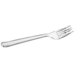 Disposable transparent fork for takeaway or picnic meal isolated on white background