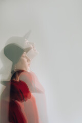 Silhouette defocused female portrait. Personality disorder. Tranquility mind. Woman sad serious happy temper isolated on neutral double exposure motion blur side view copy space.