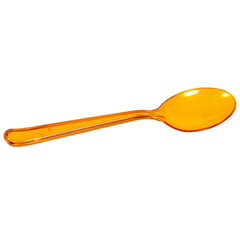 Plastic transparent disposable spoon orange color for lunch or picnic isolated on white background