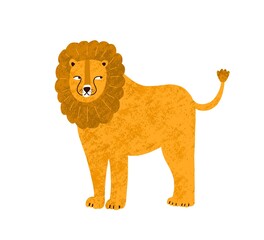 Childish cute lion in simple scandinavian style. Lovely african leo cub in flat vector cartoon textured illustration. Adorable wild jungle animal isolated on white background