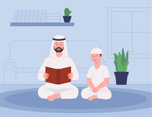 Arabian Father Reading Book With Son Flat Illustration