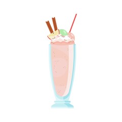 Glass of cold milkshake decorated with apple, cinnamon and marshmallow topping. Cocktail with whipped cream. Summer refreshing beverage with straw. Flat vector cartoon illustration isolated on white