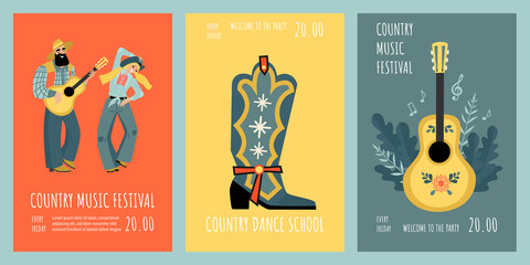 Set of vector banners for country music and dance festival with funny couple, guitar and cowboy boot.