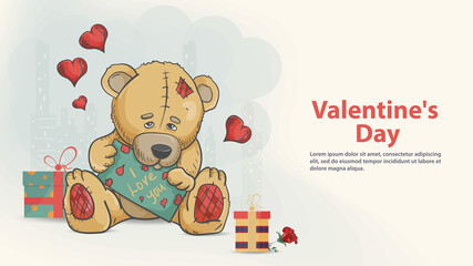 Greeting card for the design of Valentines day in the style of childrens Doodle toy Teddy bear boy sitting among the gifts and holding the inscription I love you