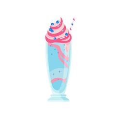 Glass of cold bubble gum milkshake with topping. Cocktail with whipped cream and berries. Summer refreshing beverage with straw. Flat vector cartoon illustration isolated on white background