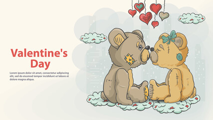 Greeting card for Valentines day design design in the style of childrens Doodle toy Teddy bears boy and girl kissing sitting on the clouds
