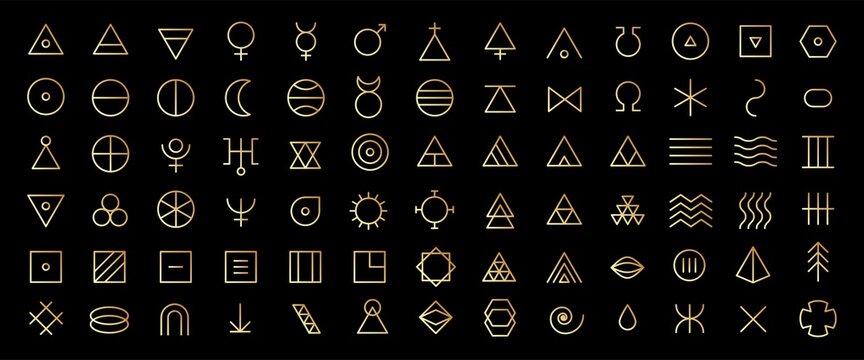 Line art icon set of esoteric glyphs, pictograms and symbols. Golden mystic and alchemy signs linear style
