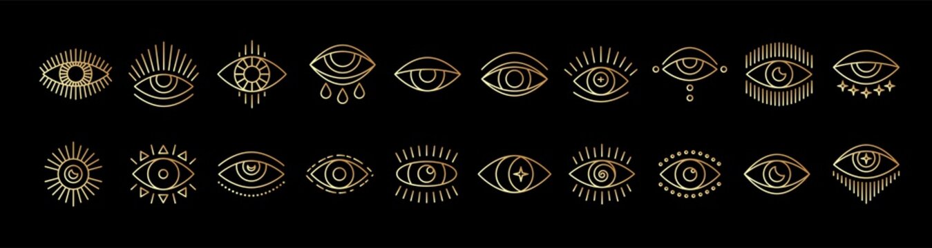 Line art icon set of evil seeing eye. Gold mystic esoteric signs linear style