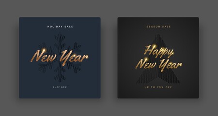 Happy New Year and Merry Christmas sale stories template set for social media. Vector illustration with gold lettering for flyer, banner and invitation card.