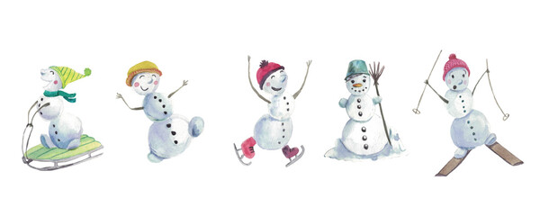 Set of funny snowman on white background