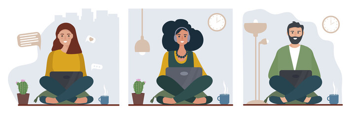 set of people who work at home, freelancers. Virtual online communication during quarantine. Education on the Internet, the student learns at the laptop. Homeworkplace. Vector flat illustration