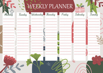 Weekly Planner on abstract background. Printable Schedule Template with geometric and flower elements. Daily Timetable for education or business.
