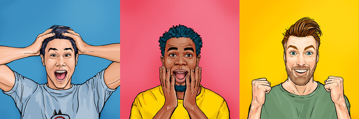 Surprised people on colored backgrounds.Amazed  happy men. Human emotions, facial expression concept. Sale.Wow people - obrazy, fototapety, plakaty