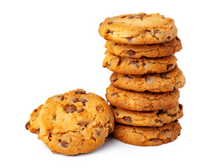 Stacked chocolate chip cookies isolated on white background