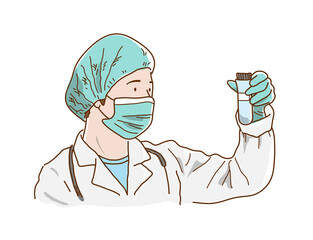 A scientist wearing doctor cap and a surgical mask holding on a vial of covid-19 vaccine, isolated on white background.