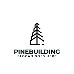 building, pine tree, minimalistic logo design with line art style