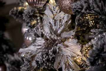christmas flower in silver color on the holiday tree.