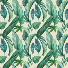 Tropical green leaves seamless patterns. Exotic wallpaper