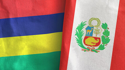 Peru and Mauritius two flags textile cloth 3D rendering