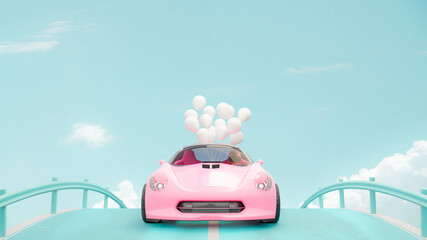 Pink car and white balloon. Drive on blue-green bridge and clear sky background. 3D Render.