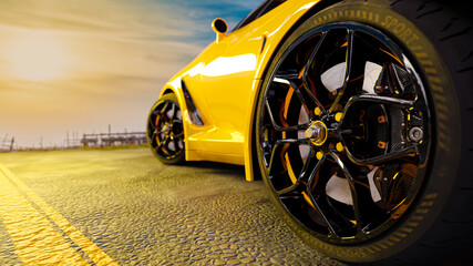 Sports car on paved road in the countryside at sunset. Environmentally friendly technology and Business success concept. 3D Render.