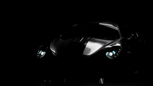Black custom car and light from above. Car animation, 3D Render.