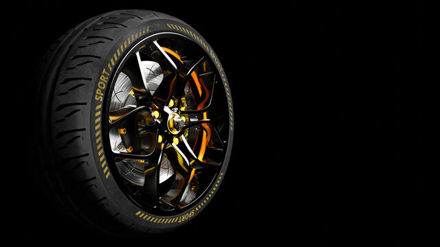 Car alloy wheel with modern Brake Disc and Calliper carbon fiber. 3D render.