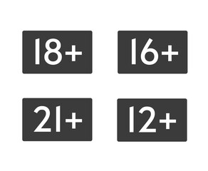 Age adult years plus content limitation restriction icons set, prohibited under 18 and 21, 12 and 16 censorship labels isolated on white background