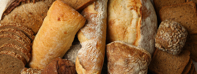 Different fresh baked bread on whole background