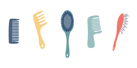 A set of combs. Various shapes and colors. Vector flat style on a white background