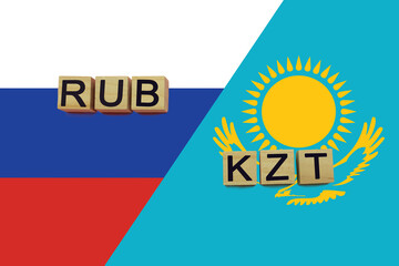Russia and Kazakhstan currencies codes on national flags background