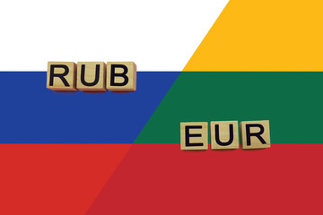 Russia and Lithuania currencies codes on national flags background