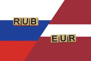 Russia and Latvia currencies codes on national flags background