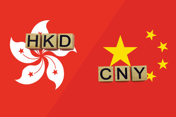 Hong Kong and China currencies codes on national flags background