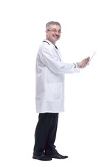 smiling doctor with a digital tablet . isolated on a white