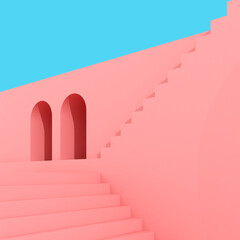 3D Illustration of minimal architecture, Abstract building with stairs.
