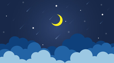 Dark blue night sky clouds landscape with the moon and star background vector illustration.