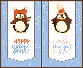 Merry Christmas penguins wearing hats cards set vector. Arctic animals with cap of Santa Claus on head, snowing weather, blizzard and snowflakes falling