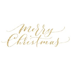 Merry Christmas brush hand lettering, with golden glitter texture effect on white background. Vector type illustration. Can be used for holidays festive design.