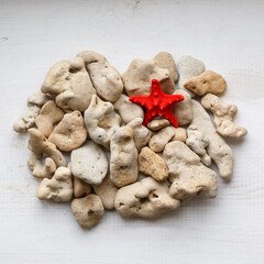 Natural sea stones with red starfish on white wooden background.