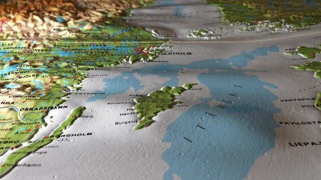 Baltic sea and Swedish east coast on terrain map, close-up orbit shot