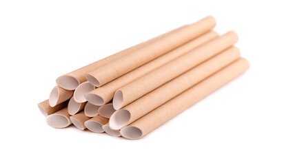 Brown paper drinking straws, isolated on white background. Eco-friendly paper straw, environmental consciousness concept. Close up.