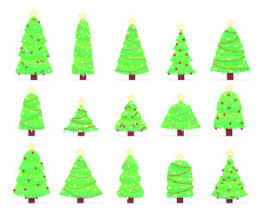 Set of Christmas trees on a white background. Cartoon fir trees in garlands. Can be used for printed products - flyers, posters, business cards. Vector illustration