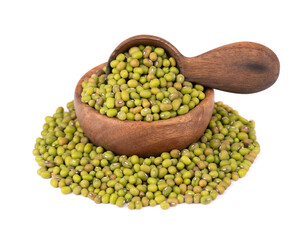Mung beans in wooden bowl and spoon, isolated on white background. Vigna radiata.