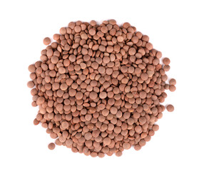 Brown lentils isolated on white background. Top view.